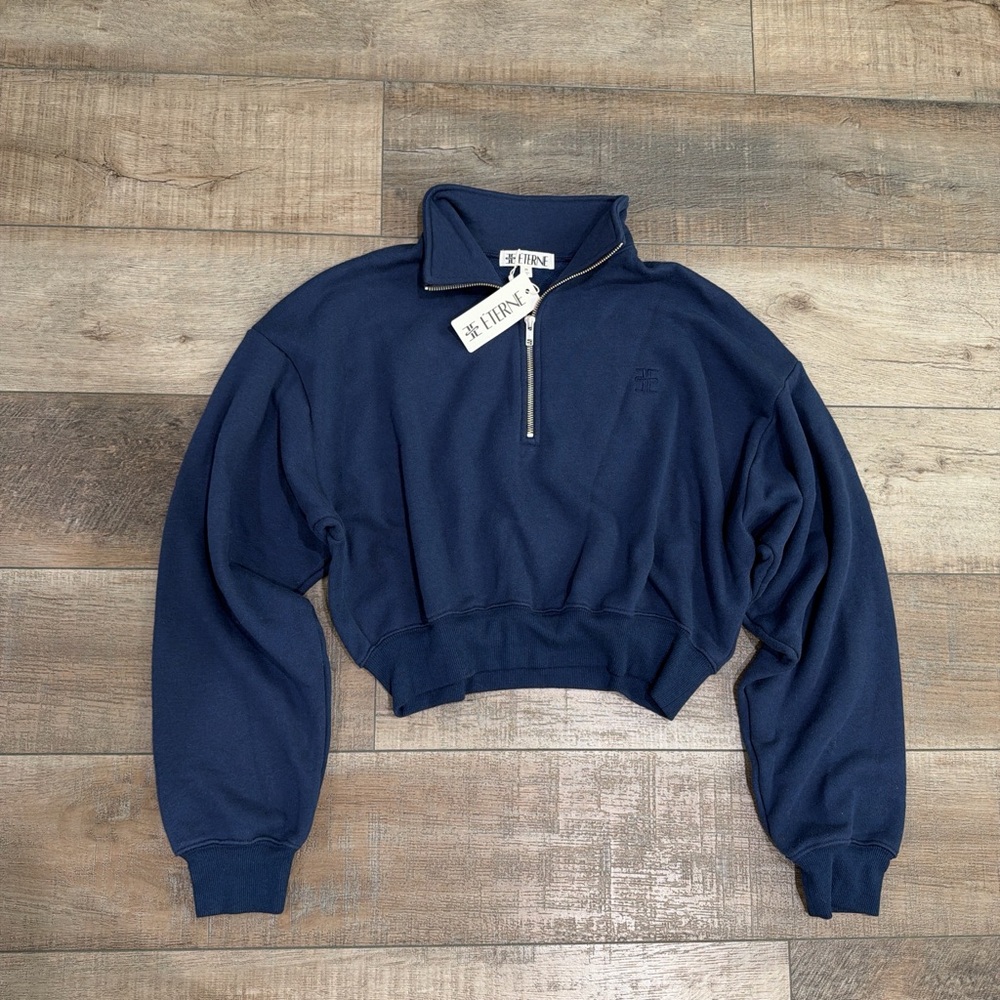 Eterne cropped half zip sweatshirt in navy blue NWT - Picture 2 of 5